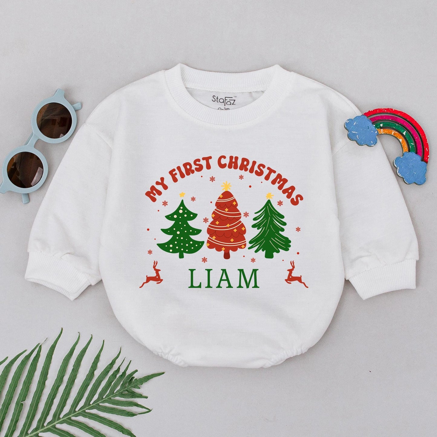 Personalized My First Christmas Baby Romper Name Festive Green Red Trees Reindeer Design Winter 1st Xmas Bodysuit Baby Shower Gift