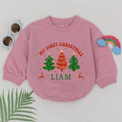 Personalized My First Christmas Baby Romper Name Festive Green Red Trees Reindeer Design Winter 1st Xmas Bodysuit Baby Shower Gift