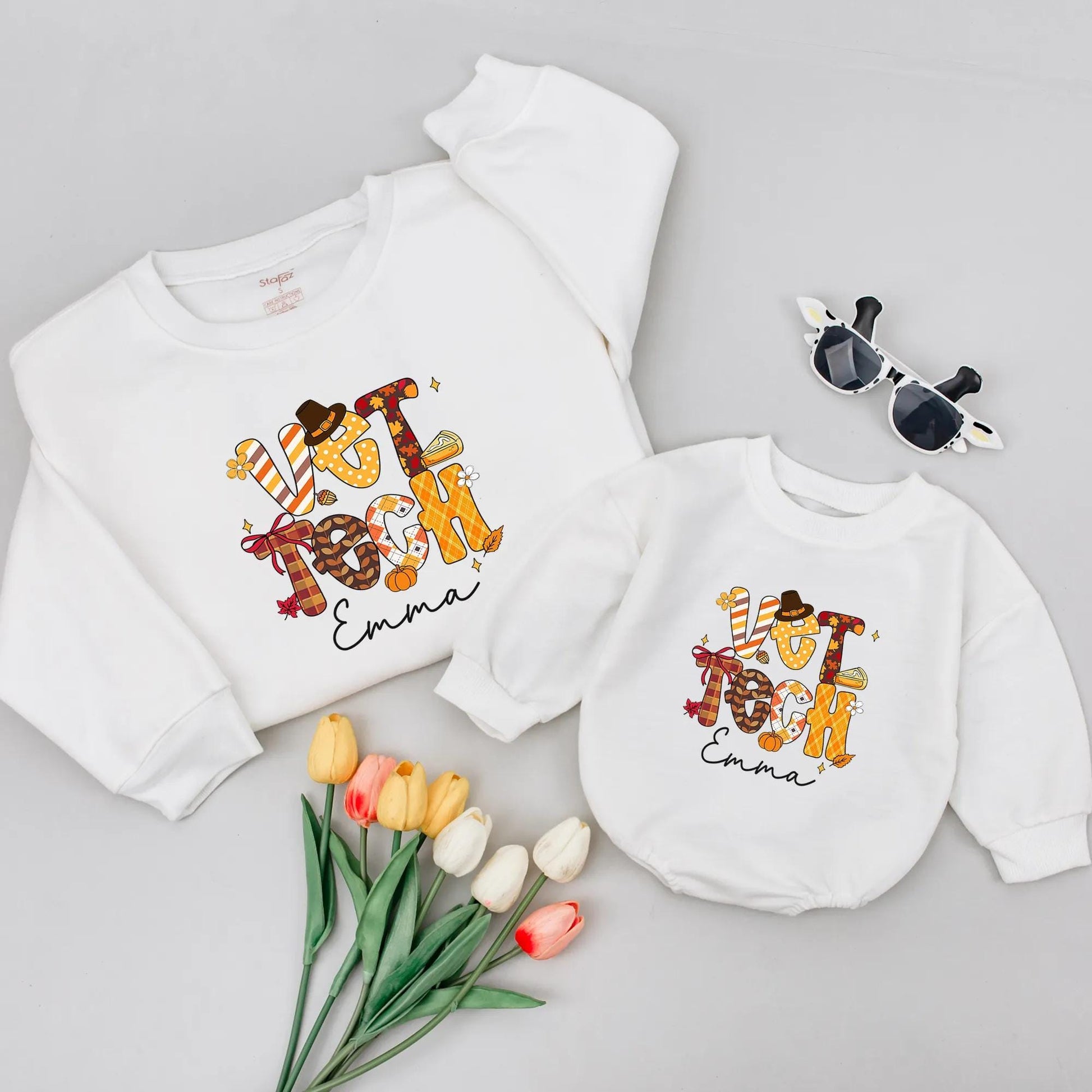 Custom Vet Tech Fall Pattern Bubble Romper Baby Girl Outfit Personalized with Emma, Festive Thanksgiving Bodysuit with Pumpkin Leaf Designs