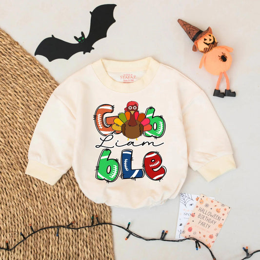 Personalized Baby Gobble Turkey Thanksgiving Bubble Romper with Name Football Letter Design Festive Colorful First Thanksgiving Outfit