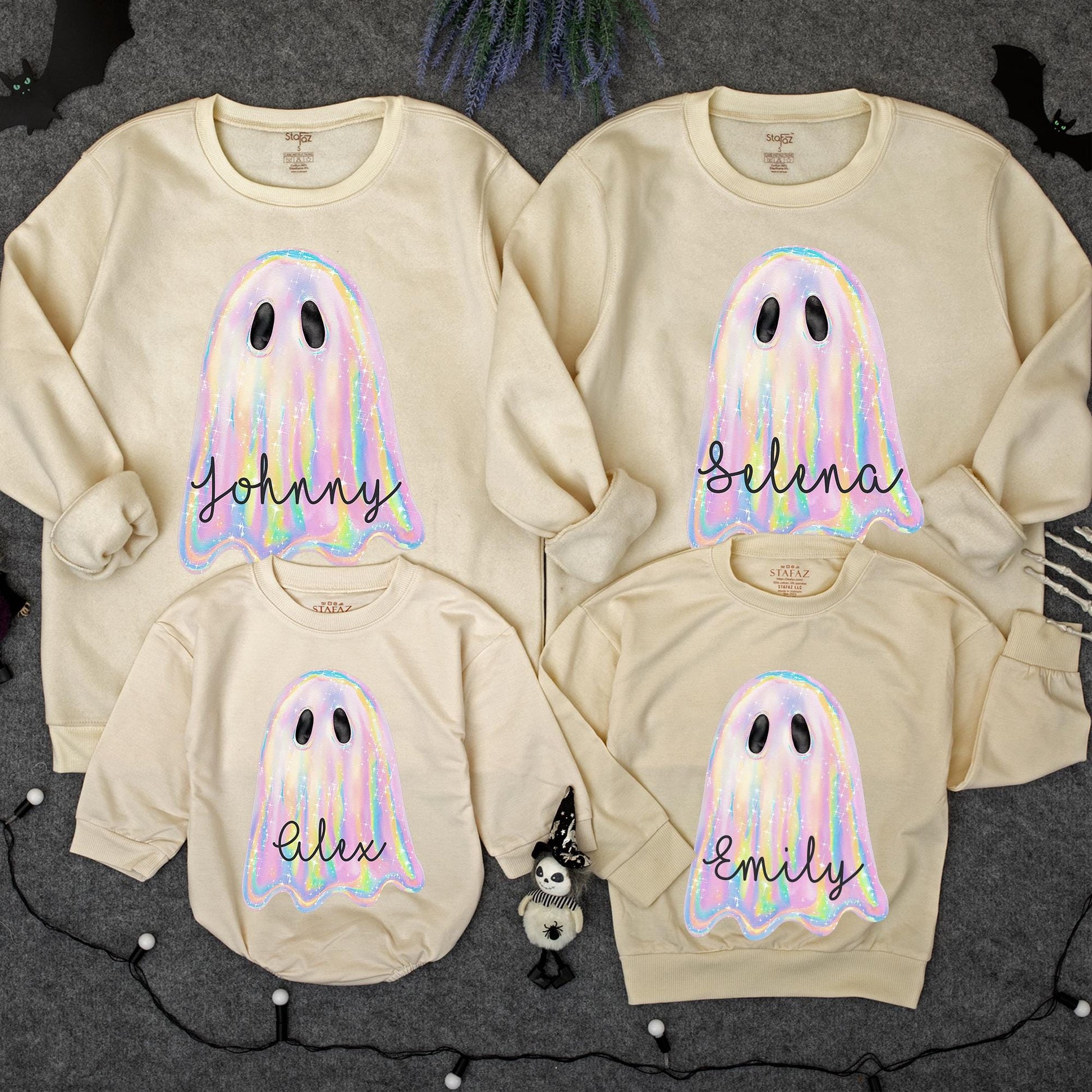 Iridescent Glitter Ghost Sweatshirt: Cute Spooky Season Crewneck for Toddler Girls, Shimmering Halloween Outfit, Pastel Rainbow Hues, Festive Style (138)