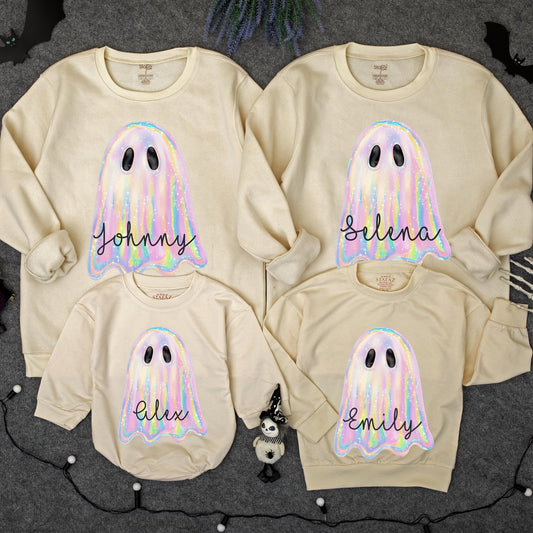 Iridescent Glitter Ghost Sweatshirt: Cute Spooky Season Crewneck for Toddler Girls, Shimmering Halloween Outfit, Pastel Rainbow Hues, Festive Style (138)