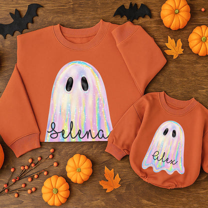Iridescent Glitter Ghost Sweatshirt: Cute Spooky Season Crewneck for Toddler Girls, Shimmering Halloween Outfit, Pastel Rainbow Hues, Festive Style (138)