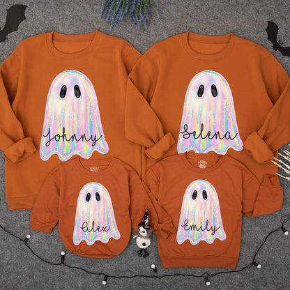 Iridescent Glitter Ghost Sweatshirt: Cute Spooky Season Crewneck for Toddler Girls, Shimmering Halloween Outfit, Pastel Rainbow Hues, Festive Style (138)
