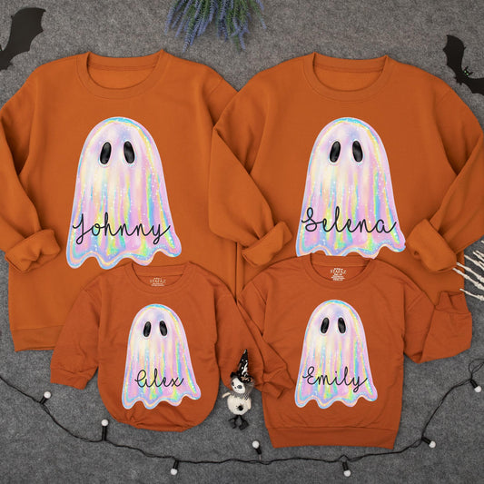 Iridescent Glitter Ghost Sweatshirt: Cute Spooky Season Crewneck for Toddler Girls, Shimmering Halloween Outfit, Pastel Rainbow Hues, Festive Style (138)