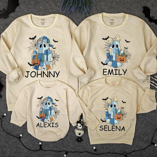 Custom Patchwork Ghost Sweatshirt with Bats & Jack-o-Lanterns Personalized Name Spooky Season Family Sweater Halloween Gift