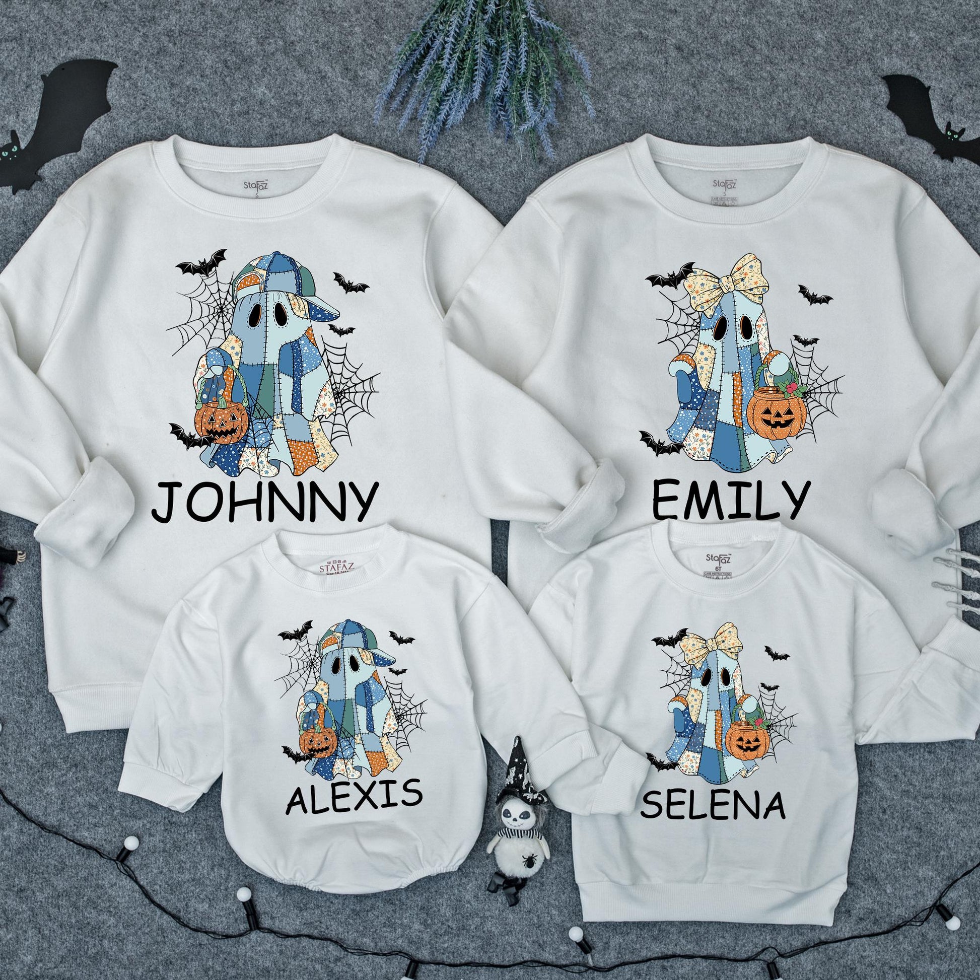 Custom Patchwork Ghost Sweatshirt with Bats & Jack-o-Lanterns Personalized Name Spooky Season Family Sweater Halloween Gift