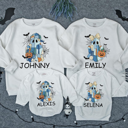 Custom Patchwork Ghost Sweatshirt with Bats & Jack-o-Lanterns Personalized Name Spooky Season Family Sweater Halloween Gift