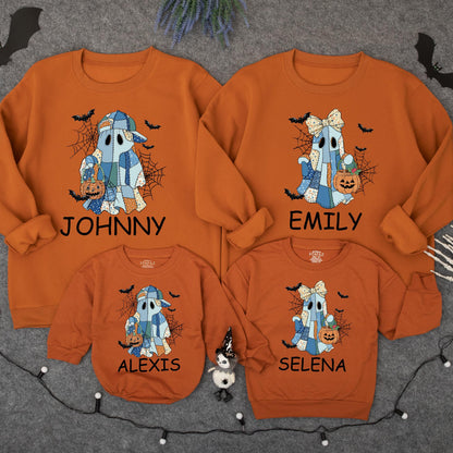 Custom Patchwork Ghost Sweatshirt with Bats & Jack-o-Lanterns Personalized Name Spooky Season Family Sweater Halloween Gift