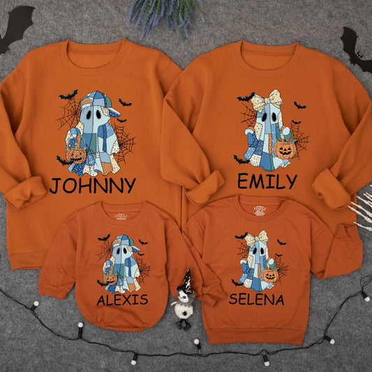 Custom Patchwork Ghost Sweatshirt with Bats & Jack-o-Lanterns Personalized Name Spooky Season Family Sweater Halloween Gift