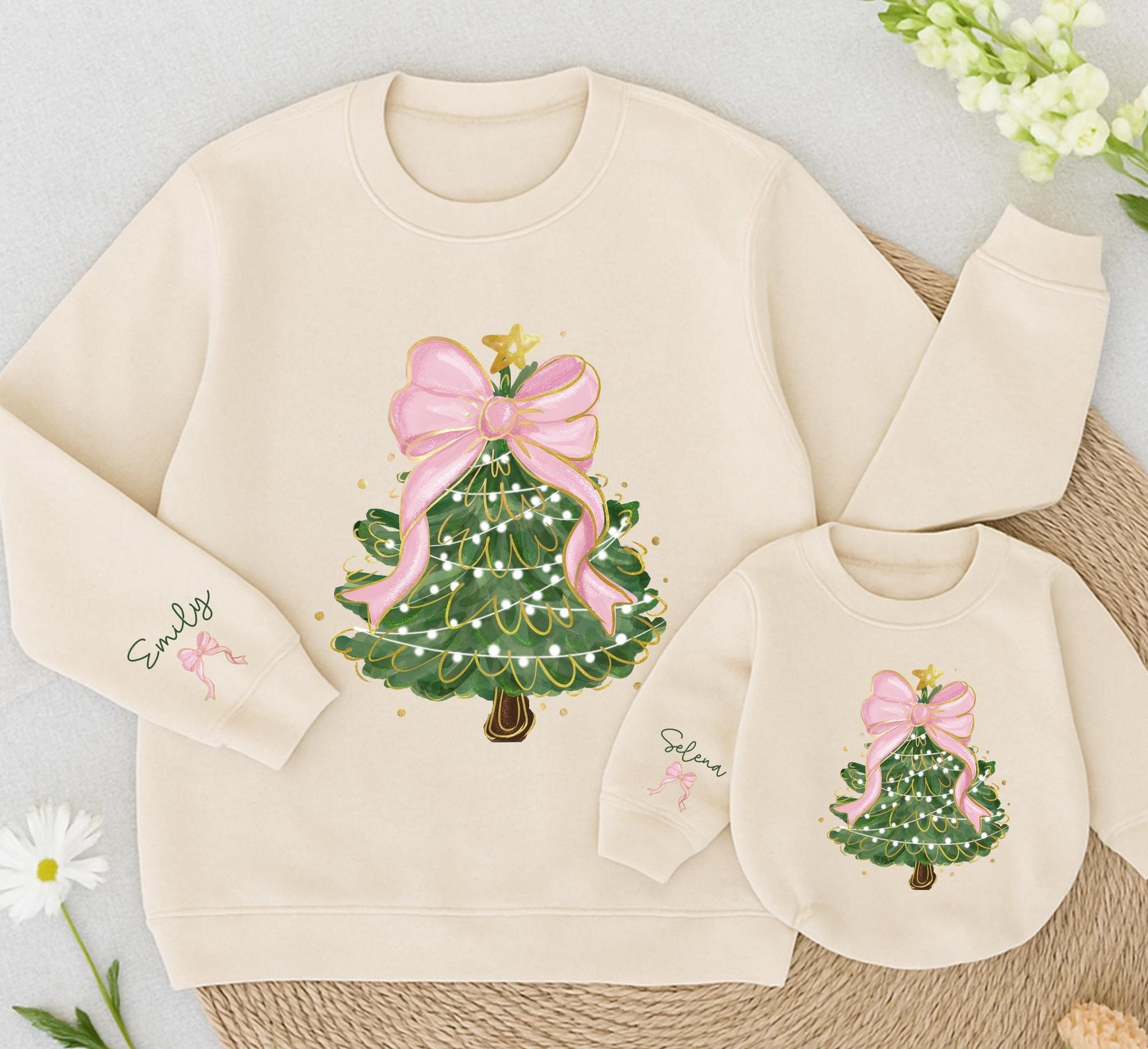 Personalized Whimsical Christmas Tree Sweatshirt Mom Daughter Matching Outfit Festive Bow Star Green Sleeve Name Custom Kid Gift 130 Chars