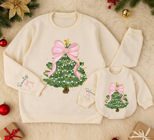 Personalized Whimsical Christmas Tree Sweatshirt Mom Daughter Matching Outfit Festive Bow Star Green Sleeve Name Custom Kid Gift 130 Chars