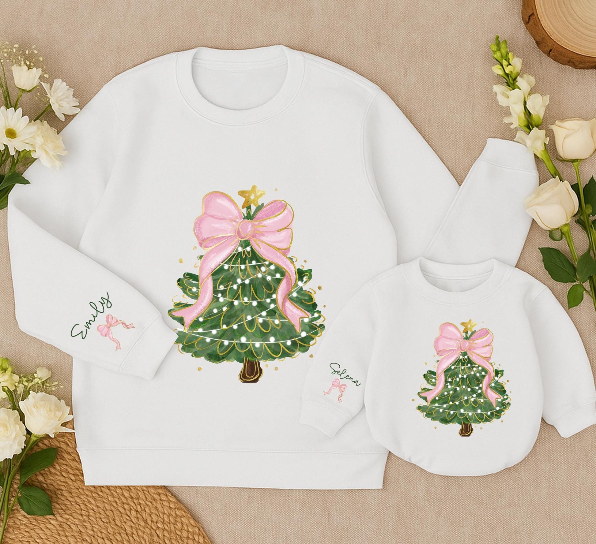 Personalized Whimsical Christmas Tree Sweatshirt Mom Daughter Matching Outfit Festive Bow Star Green Sleeve Name Custom Kid Gift 130 Chars