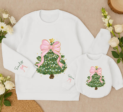 Personalized Whimsical Christmas Tree Sweatshirt Mom Daughter Matching Outfit Festive Bow Star Green Sleeve Name Custom Kid Gift 130 Chars