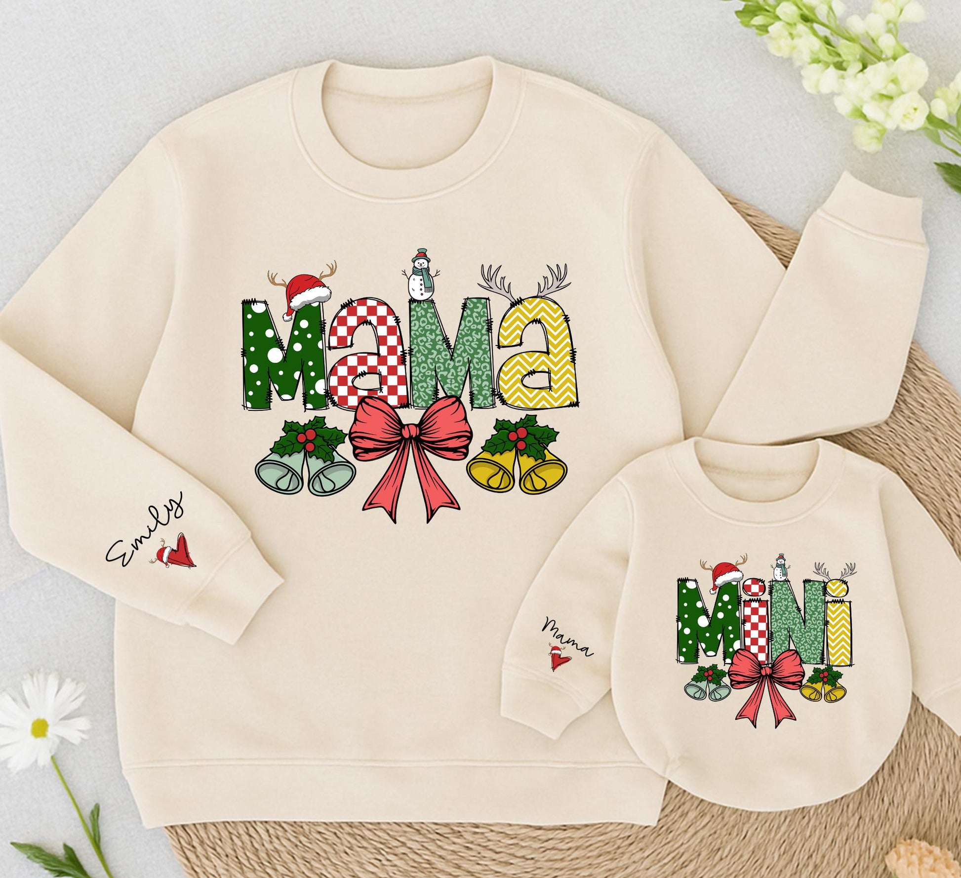 Personalized Mama Mini Matching Christmas Sweatshirts Festive Polka Dot Checks Reindeer Antlers Daughter Kid Outfit Baby Girl Romper Gift