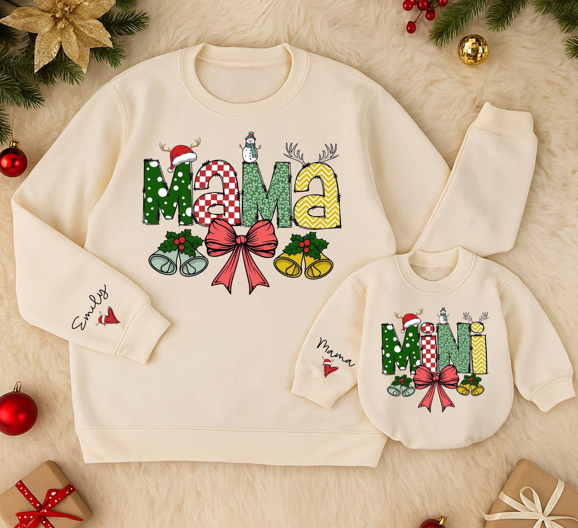 Personalized Mama Mini Matching Christmas Sweatshirts Festive Polka Dot Checks Reindeer Antlers Daughter Kid Outfit Baby Girl Romper Gift