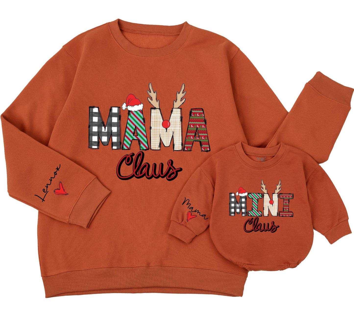 Personalized Mama Claus & Mini Claus Matching Family Christmas Sweatshirts with Plaid Antlers & Santa Hat - Cozy Holiday Outfits for Mom and Daughter
