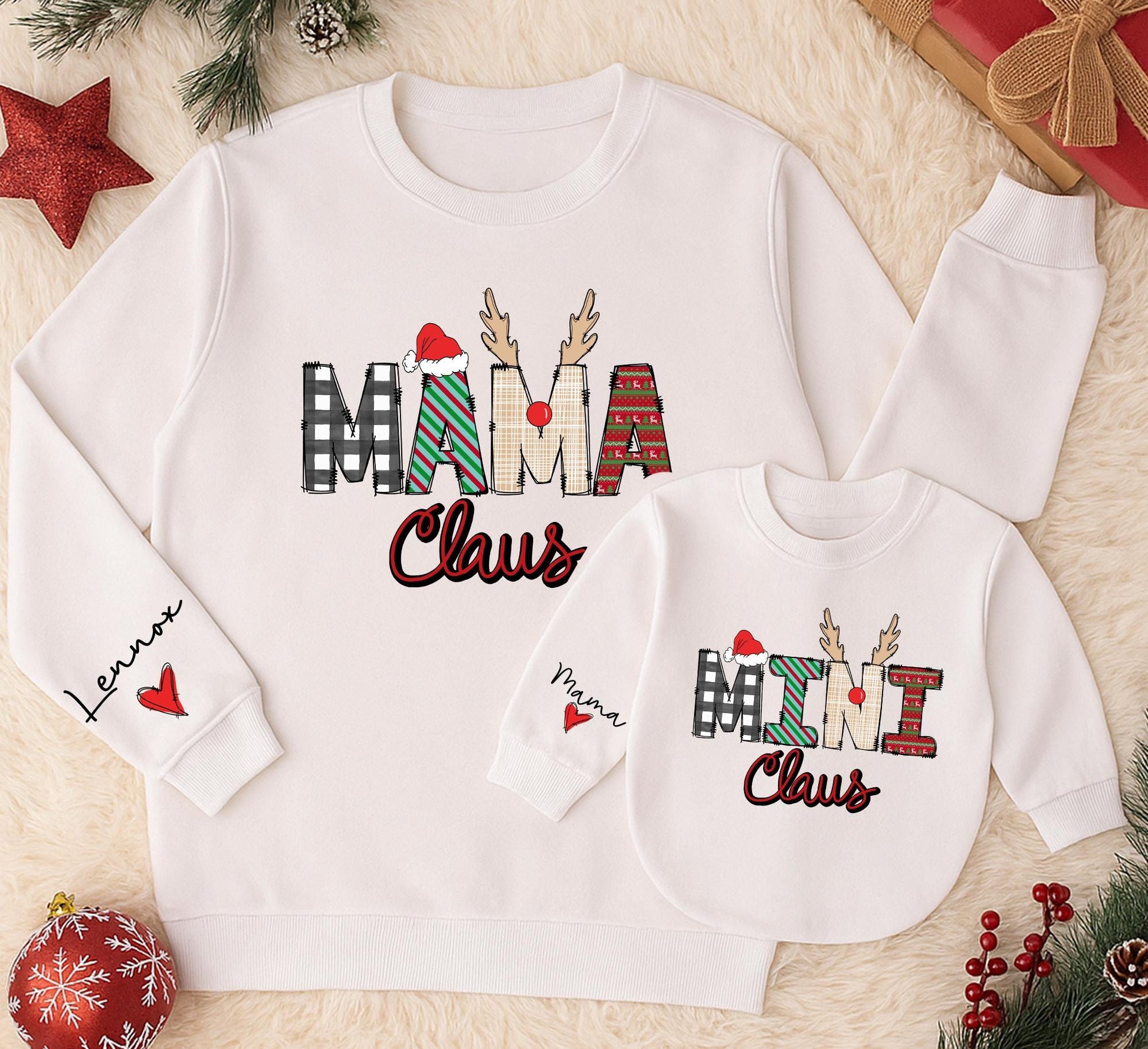 Personalized Mama Claus & Mini Claus Matching Family Christmas Sweatshirts with Plaid Antlers & Santa Hat - Cozy Holiday Outfits for Mom and Daughter