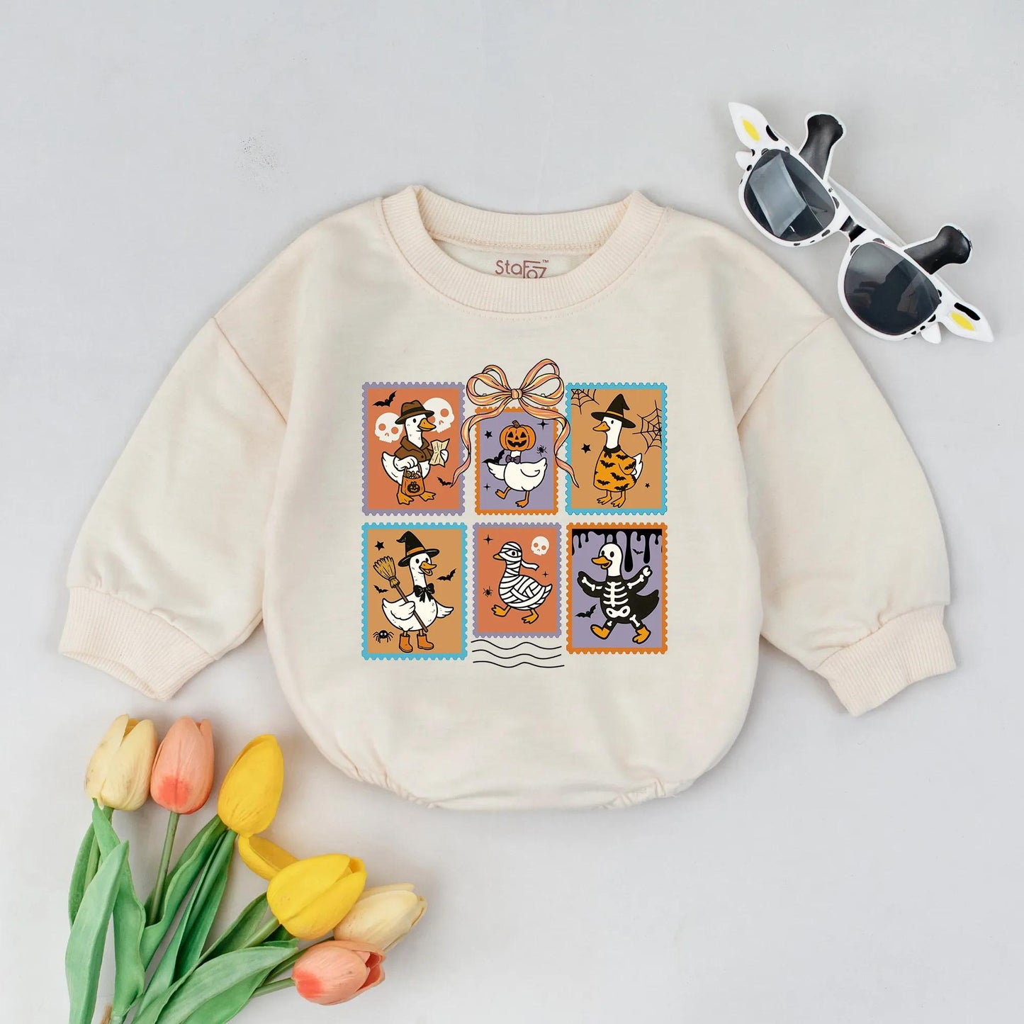 Retro Halloween Goose Bubble Romper Spooky Goose Baby Costume Fall Newborn Outfit Halloween Baby Shower Gift Pumpkin Season Bodysuit