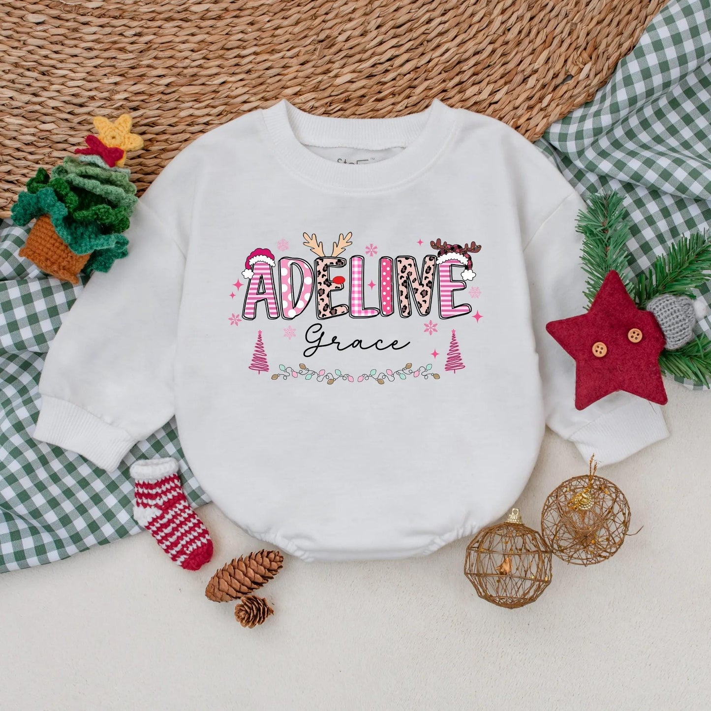 Personalized Pink Christmas Romper Baby Girl Holiday Outfit Custom Name Sweatshirt Cute Xmas Gift First Christmas Present Soft Cotton 1st Birthday 139chars