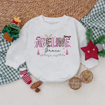 Personalized Pink Christmas Romper Baby Girl Holiday Outfit Custom Name Sweatshirt Cute Xmas Gift First Christmas Present Soft Cotton 1st Birthday 139chars