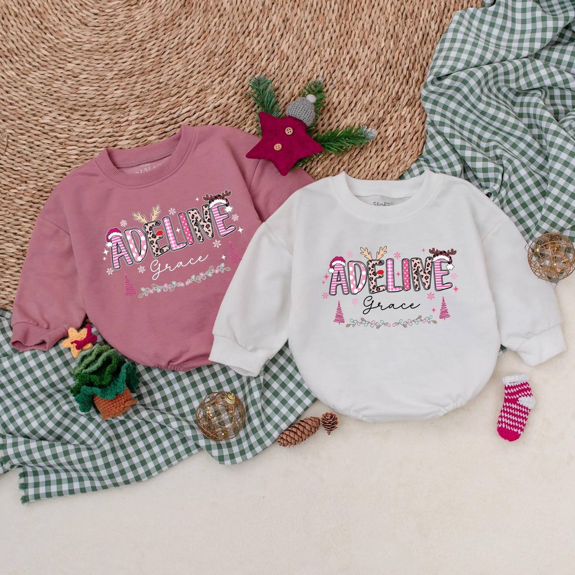 Personalized Pink Christmas Romper Baby Girl Holiday Outfit Custom Name Sweatshirt Cute Xmas Gift First Christmas Present Soft Cotton 1st Birthday 139chars