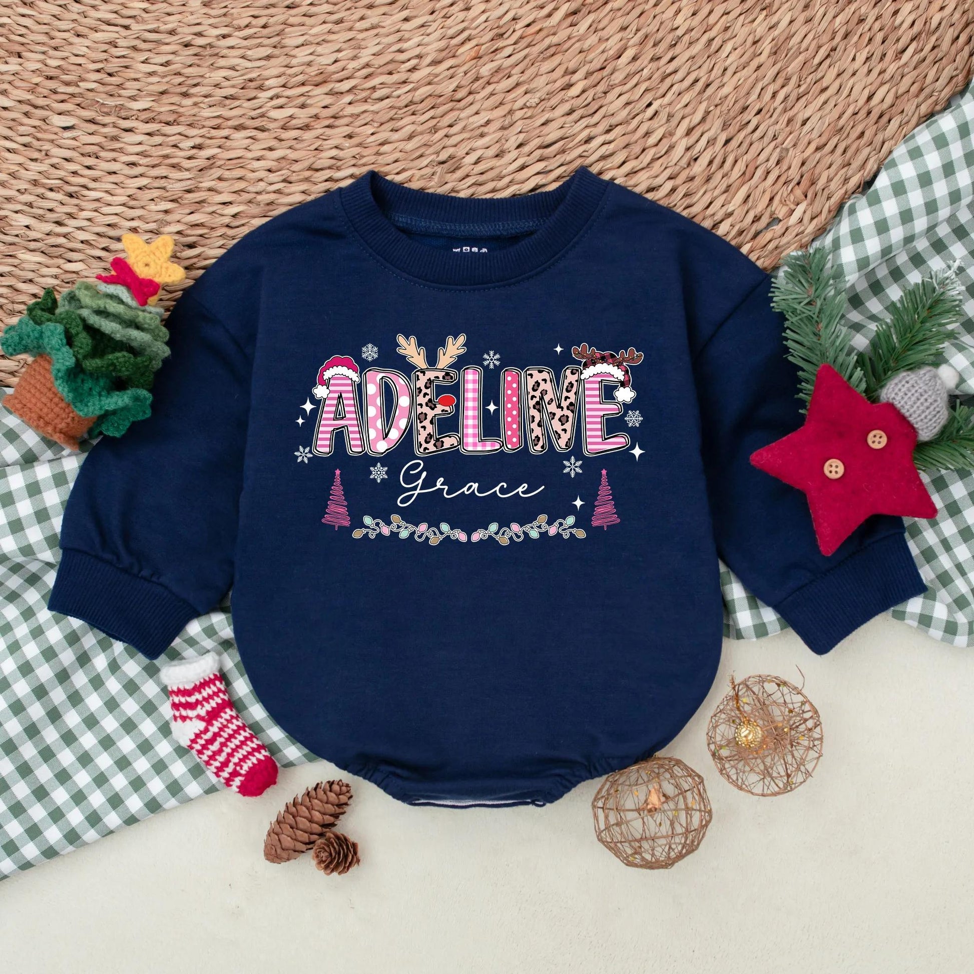 Personalized Pink Christmas Romper Baby Girl Holiday Outfit Custom Name Sweatshirt Cute Xmas Gift First Christmas Present Soft Cotton 1st Birthday 139chars