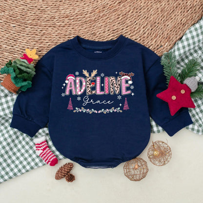 Personalized Pink Christmas Romper Baby Girl Holiday Outfit Custom Name Sweatshirt Cute Xmas Gift First Christmas Present Soft Cotton 1st Birthday 139chars