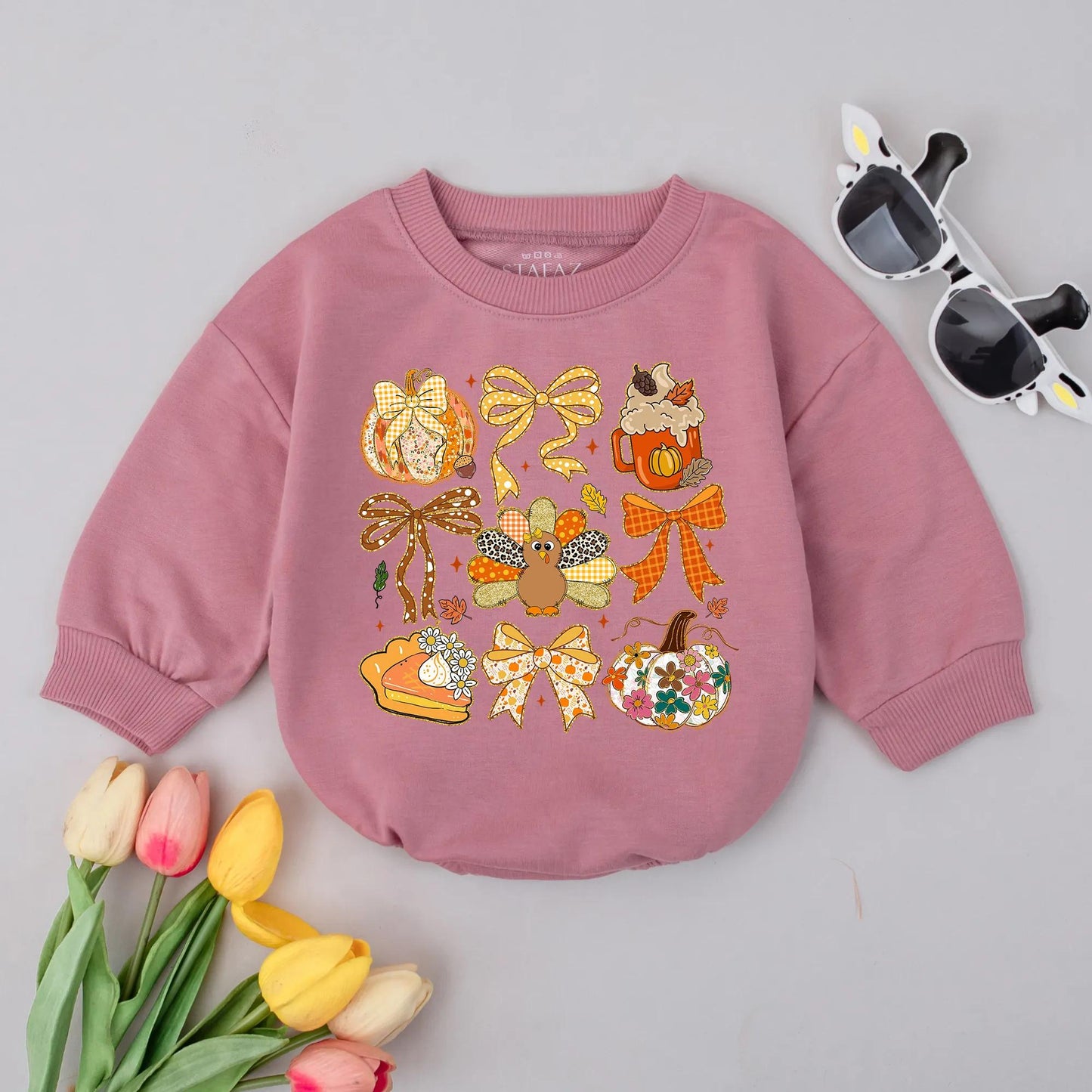 Whimsical Fall Bubble Romper for Babies Girls Boys with Pumpkin Pie Turkey & Floral Gingham Patterns Autumn Baby Shower Gift Cozy Celebration Outfit