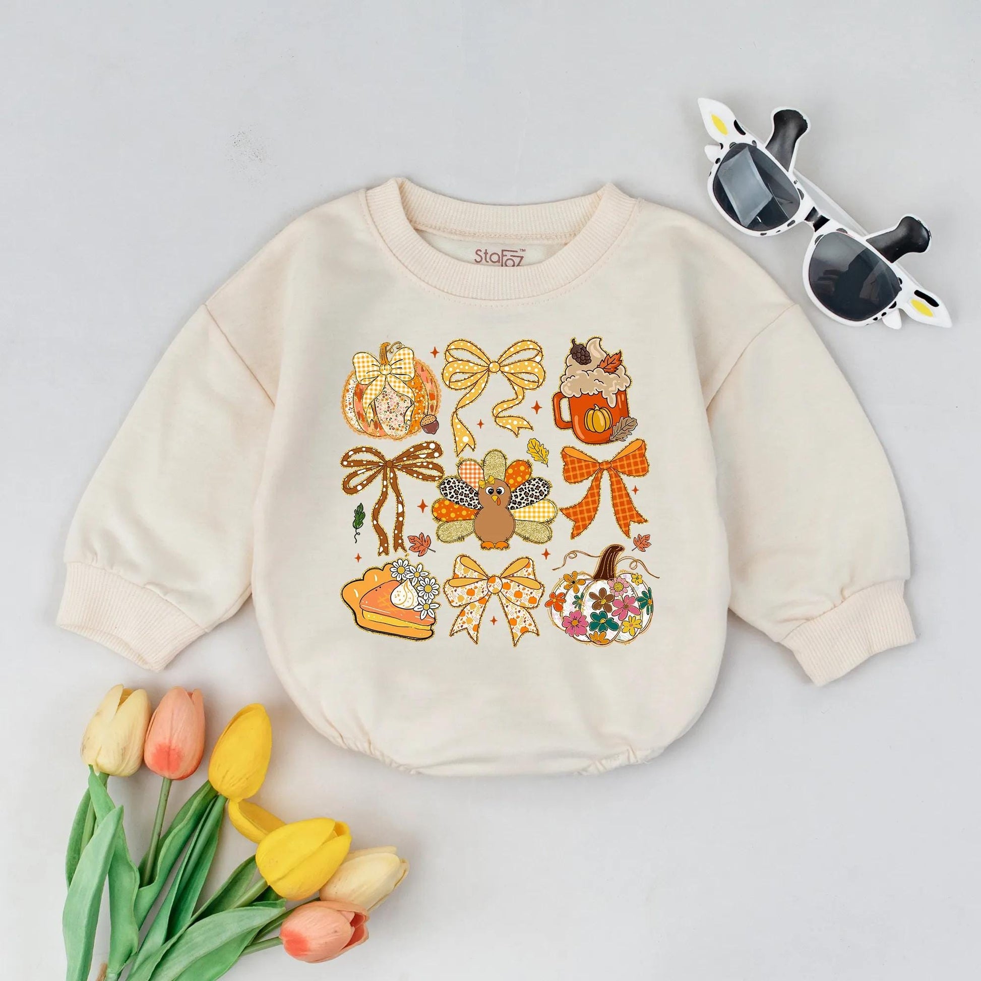 Whimsical Fall Bubble Romper for Babies Girls Boys with Pumpkin Pie Turkey & Floral Gingham Patterns Autumn Baby Shower Gift Cozy Celebration Outfit