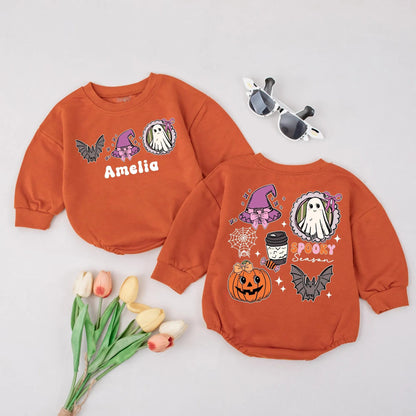 Custom Name Ghost Pumpkin Romper Cute Spooky Season Baby Outfit Fall Pumpkin Bodysuit 1st Halloween Gift Purple Orange Gray