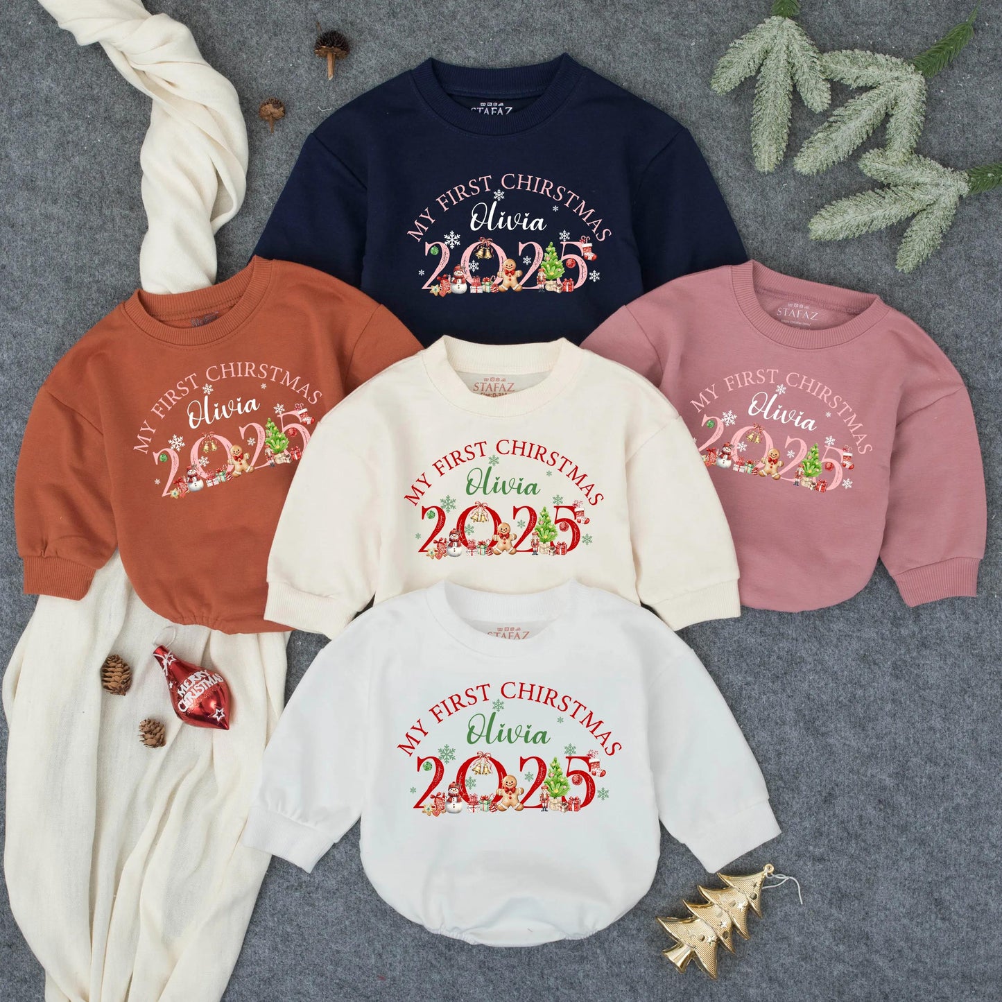 Personalized My First Christmas Romper for Baby Olivia, 2025 Holiday Outfit, Cute Christmas Tree & Cartoon Icons Red and Green Newborn Sweatshirt 138 chars