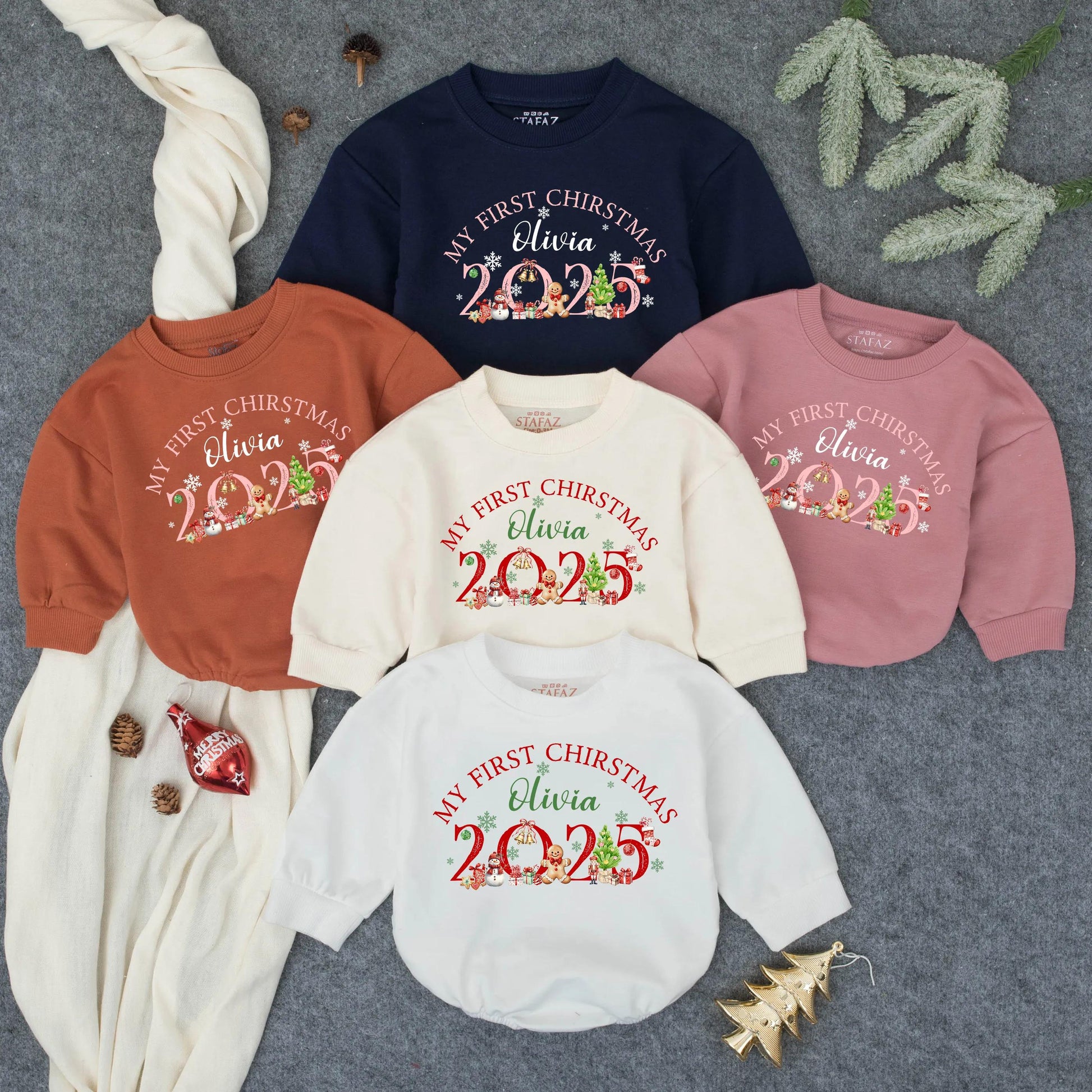 Personalized My First Christmas Romper for Baby Olivia, 2025 Holiday Outfit, Cute Christmas Tree & Cartoon Icons Red and Green Newborn Sweatshirt 138 chars