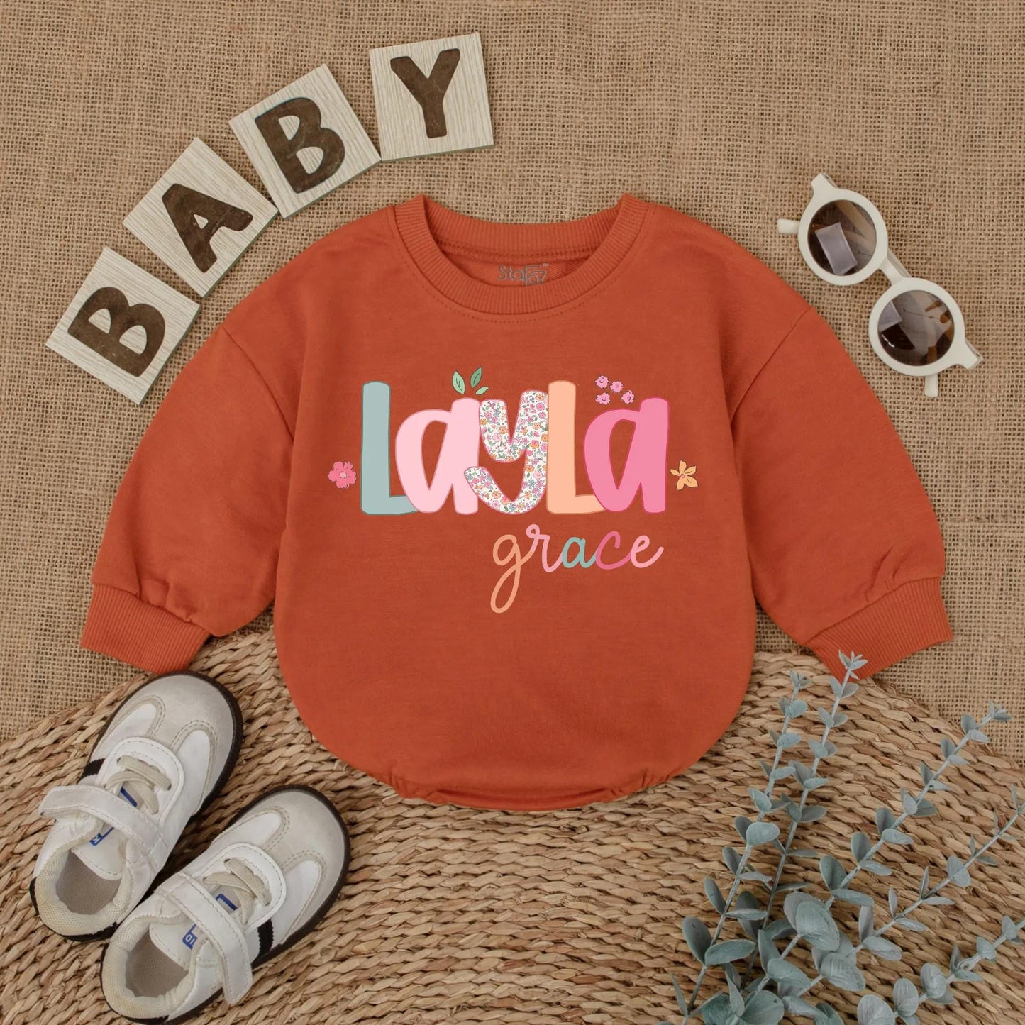 Layla Grace Bubble Romper Baby Girl Floral Name Outfit Custom Pastel Font Sweet Whimsical Infant Clothes Coming Home Gift