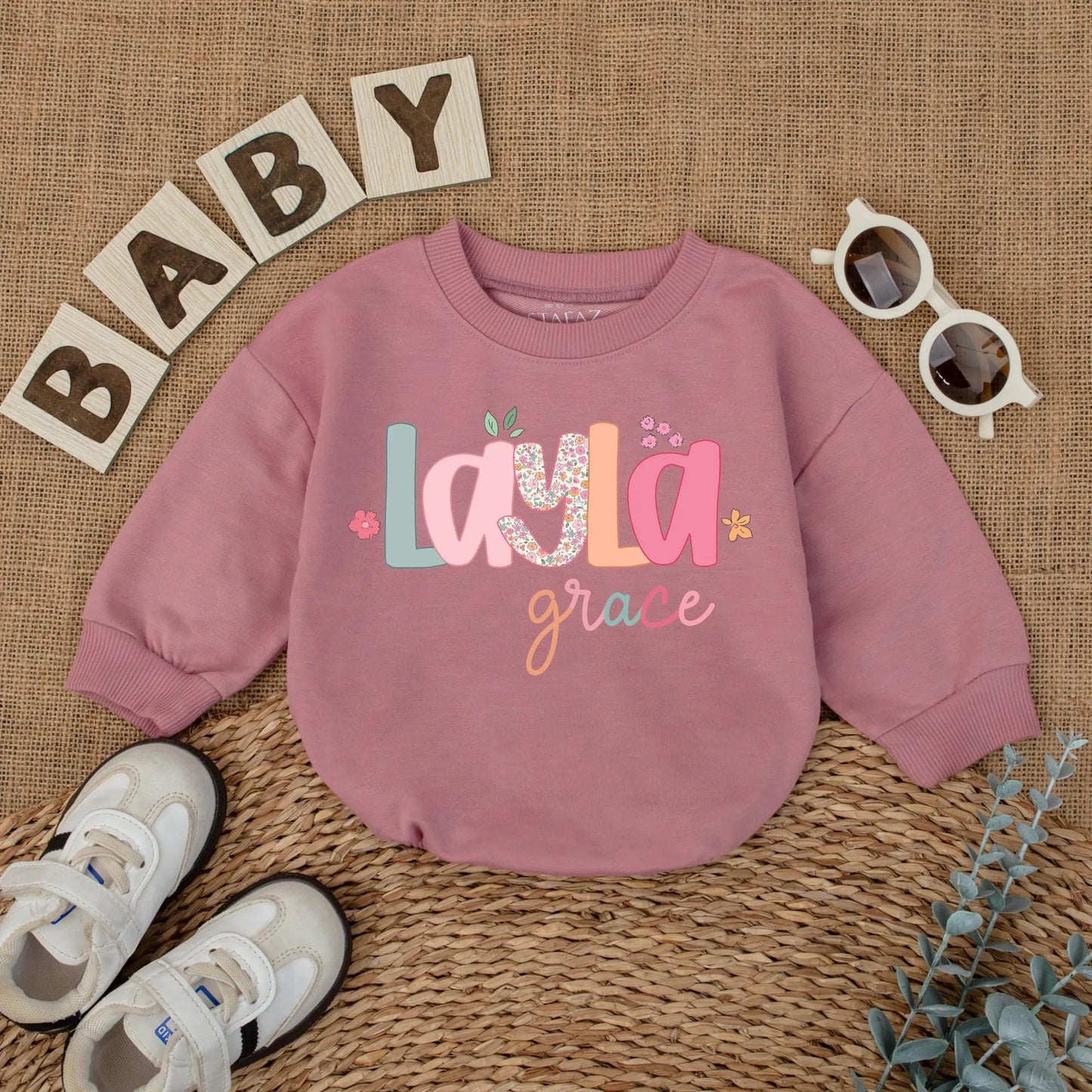 Layla Grace Bubble Romper Baby Girl Floral Name Outfit Custom Pastel Font Sweet Whimsical Infant Clothes Coming Home Gift