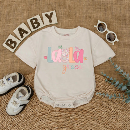 Layla Grace Bubble Romper Baby Girl Floral Name Outfit Custom Pastel Font Sweet Whimsical Infant Clothes Coming Home Gift