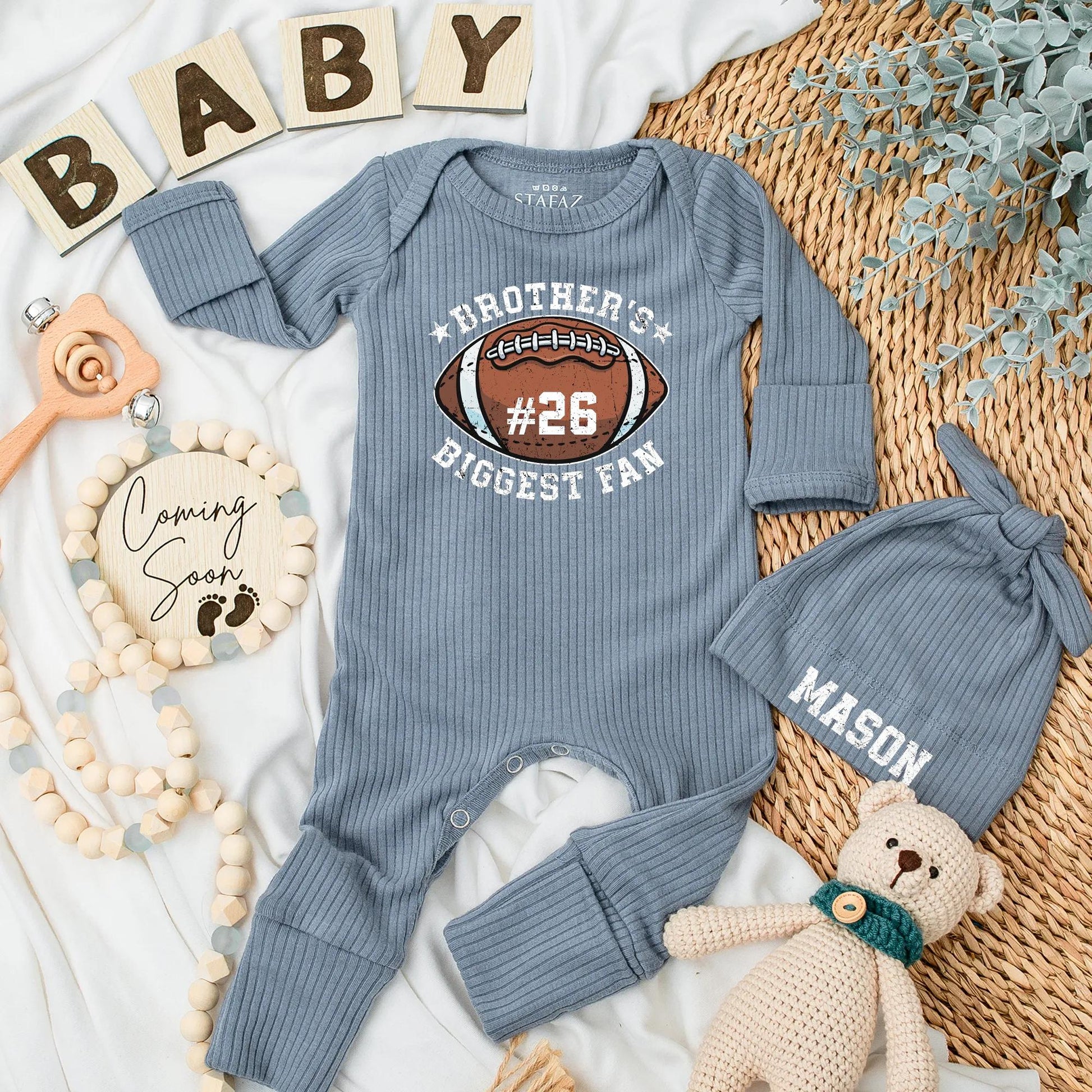 Brother's Biggest Fan Baby Bodysuit Football #26 Brown White Sports Newborn Clothes Game Day Outfit Baby Shower Gift 