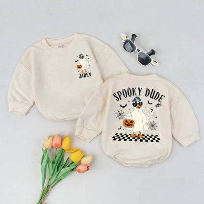 Spooky Dude Goose Romper: Retro Ghost Costume for Baby, Halloween Outfit, Jack-o-Lantern Bodysuit, Fall Newborn Clothes Gift, Checkered Spooky Dude