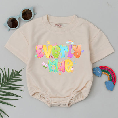 Everly Mae Personalized Baby Bubble Romper Pastel Rainbow Flowers First Birthday Girl Gift Custom Name Outfit Baby Shower