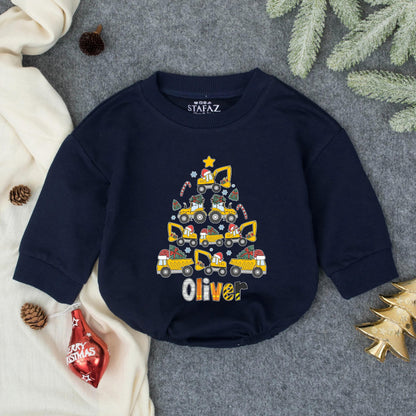Personalized Excavator Boy Bubble Romper Christmas Baby Boy Outfit, Winter Clothes Baby Shower Gift, Custom Holiday Bodysuit