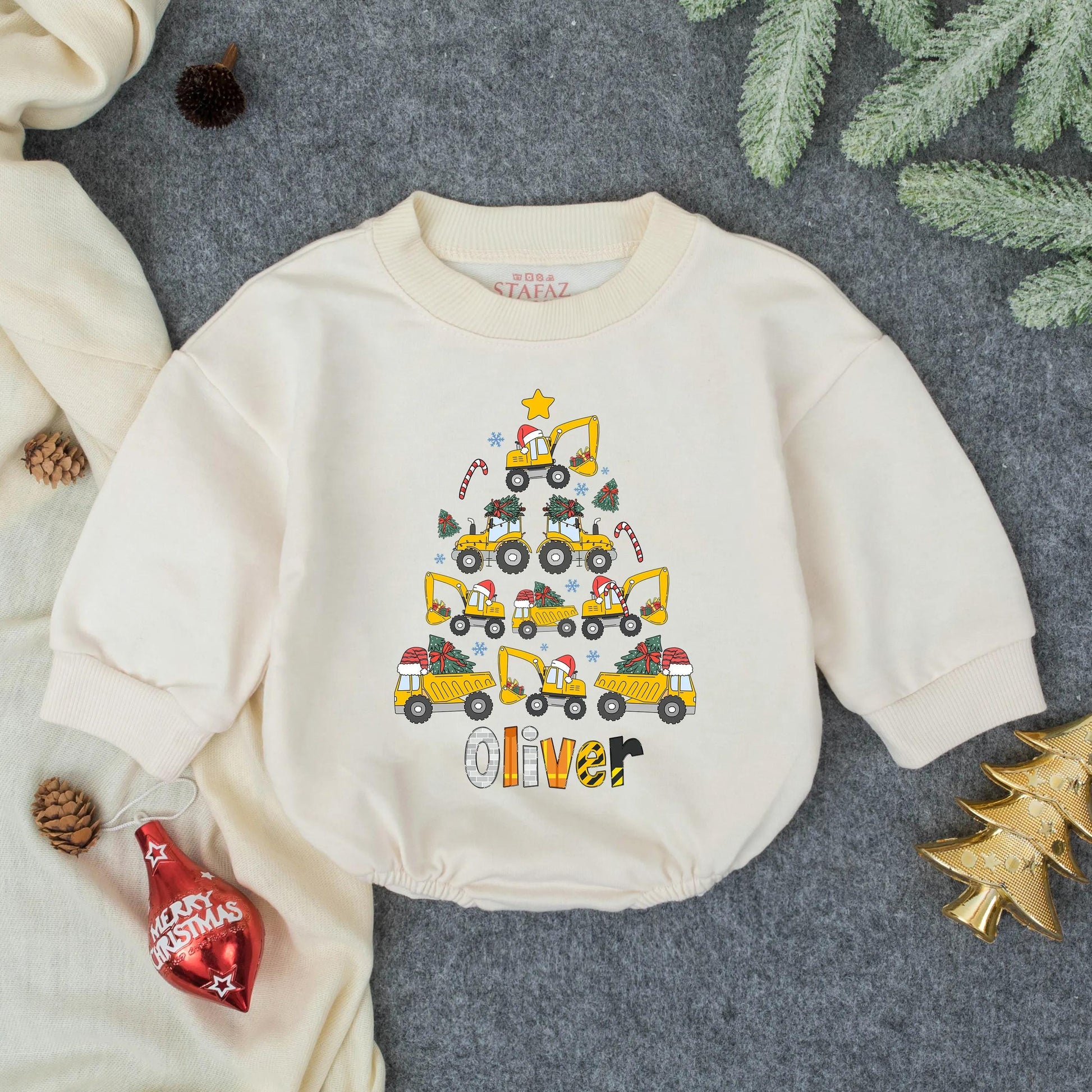 Personalized Excavator Boy Bubble Romper Christmas Baby Boy Outfit, Winter Clothes Baby Shower Gift, Custom Holiday Bodysuit