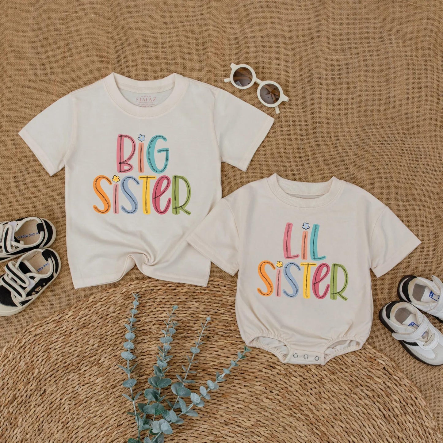 Big Sister Lil Sister Matching Colorful Floral Shirts for Baby Girls and Toddlers Sibling Gift Outfit