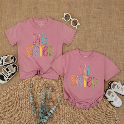 Big Sister Lil Sister Matching Colorful Floral Shirts for Baby Girls and Toddlers Sibling Gift Outfit