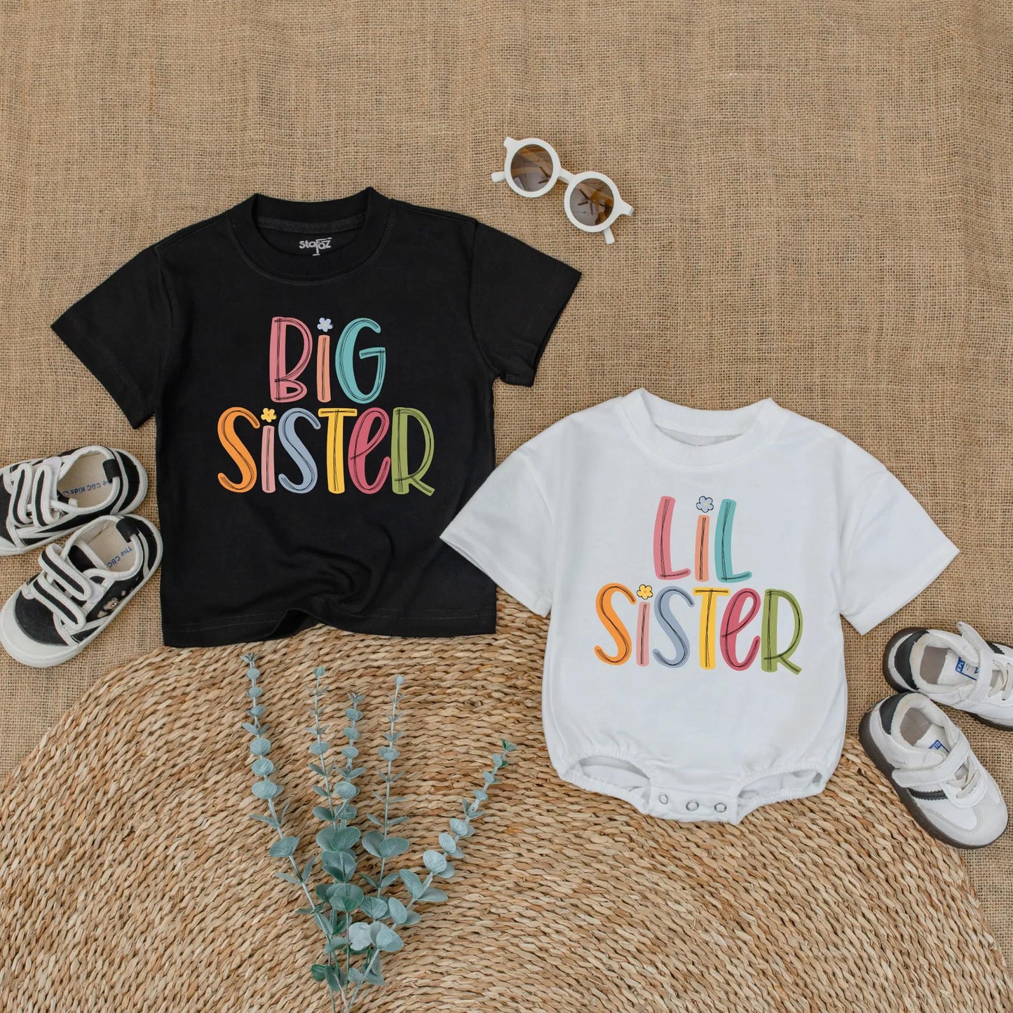 Big Sister Lil Sister Matching Colorful Floral Shirts for Baby Girls and Toddlers Sibling Gift Outfit