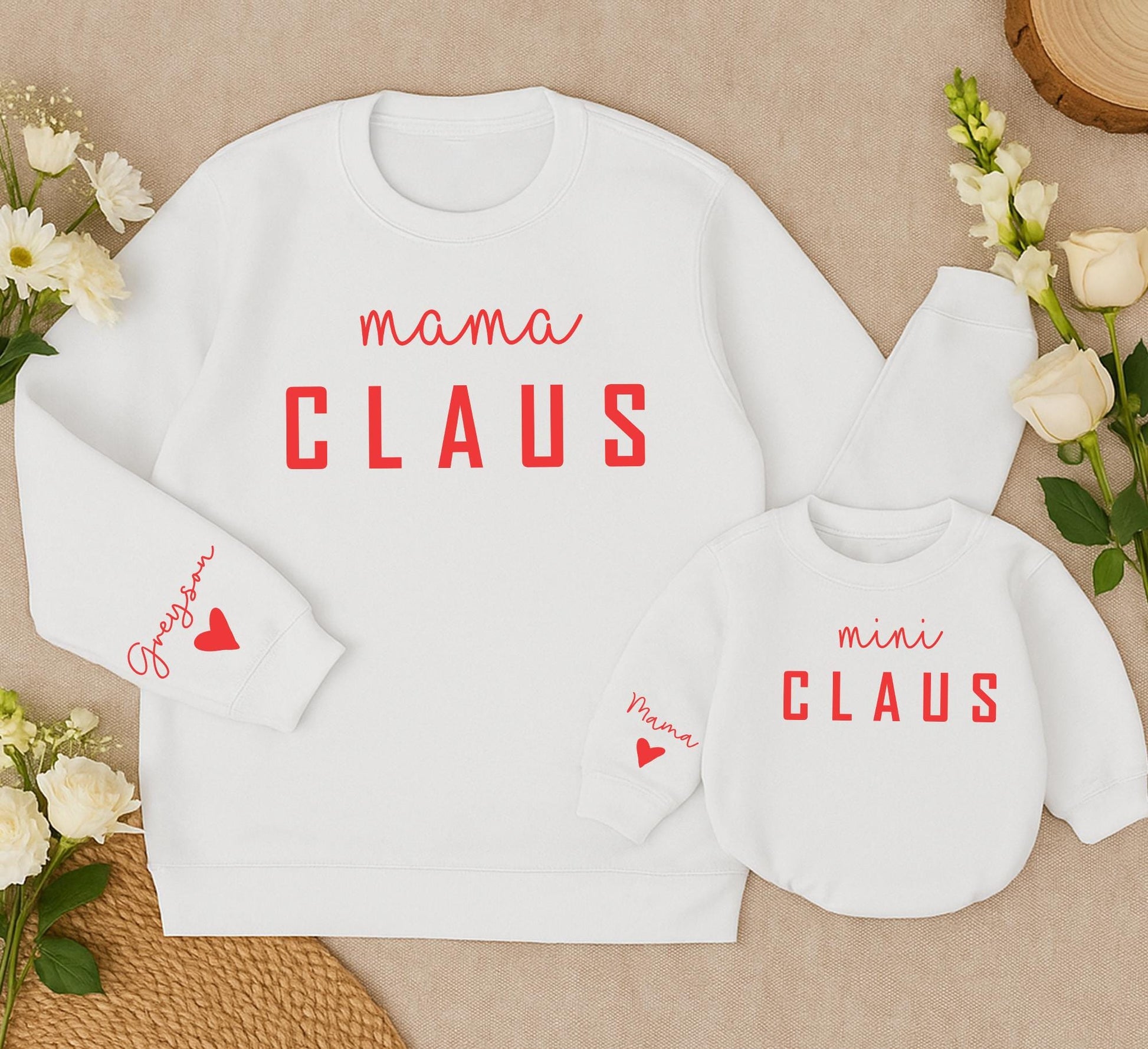Mama Claus & Mini Claus Matching Christmas Sweaters Personalized Red Cursive Name "Greyson" Family Holiday Outfit Mother Daughter Baby Gift Cozy Winter Style