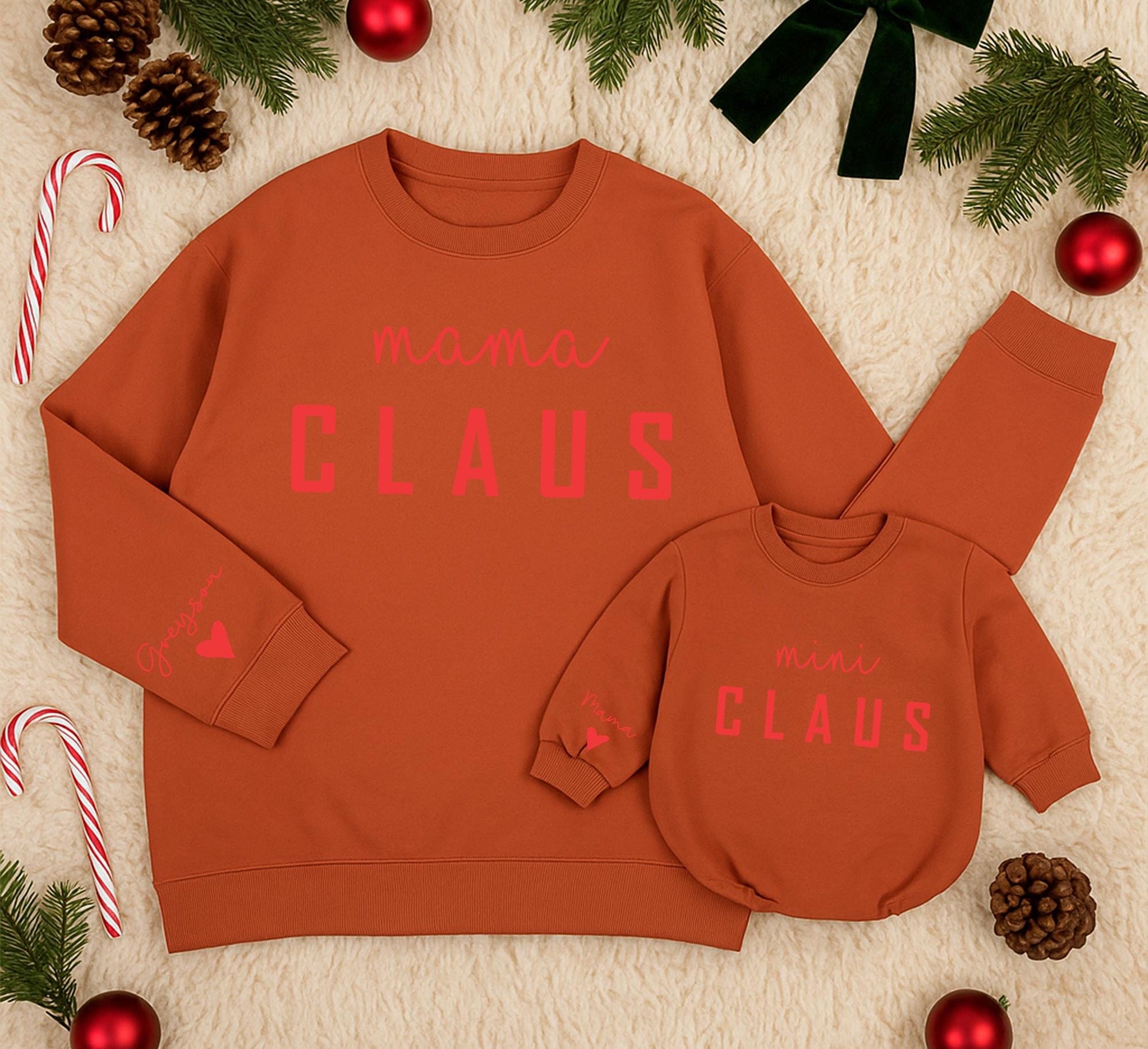 Mama Claus & Mini Claus Matching Christmas Sweaters Personalized Red Cursive Name "Greyson" Family Holiday Outfit Mother Daughter Baby Gift Cozy Winter Style