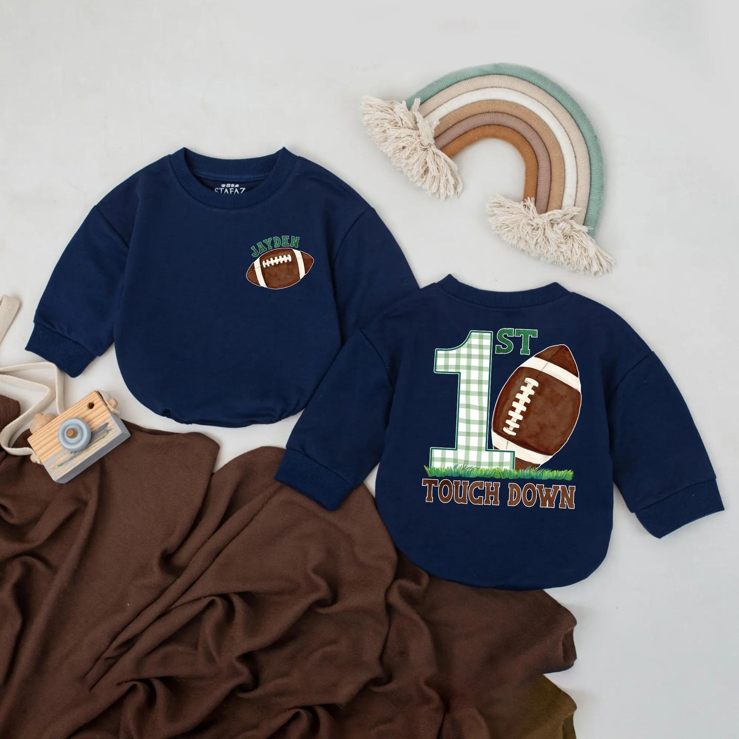 Personalized 1st Birthday Football Romper: Touchdown Outfit for Baby Boy or Girl, Custom Name Sport Bodysuit, First Game Day Party Clothes, Brown & Green