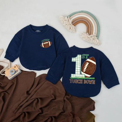Personalized 1st Birthday Football Romper: Touchdown Outfit for Baby Boy or Girl, Custom Name Sport Bodysuit, First Game Day Party Clothes, Brown & Green