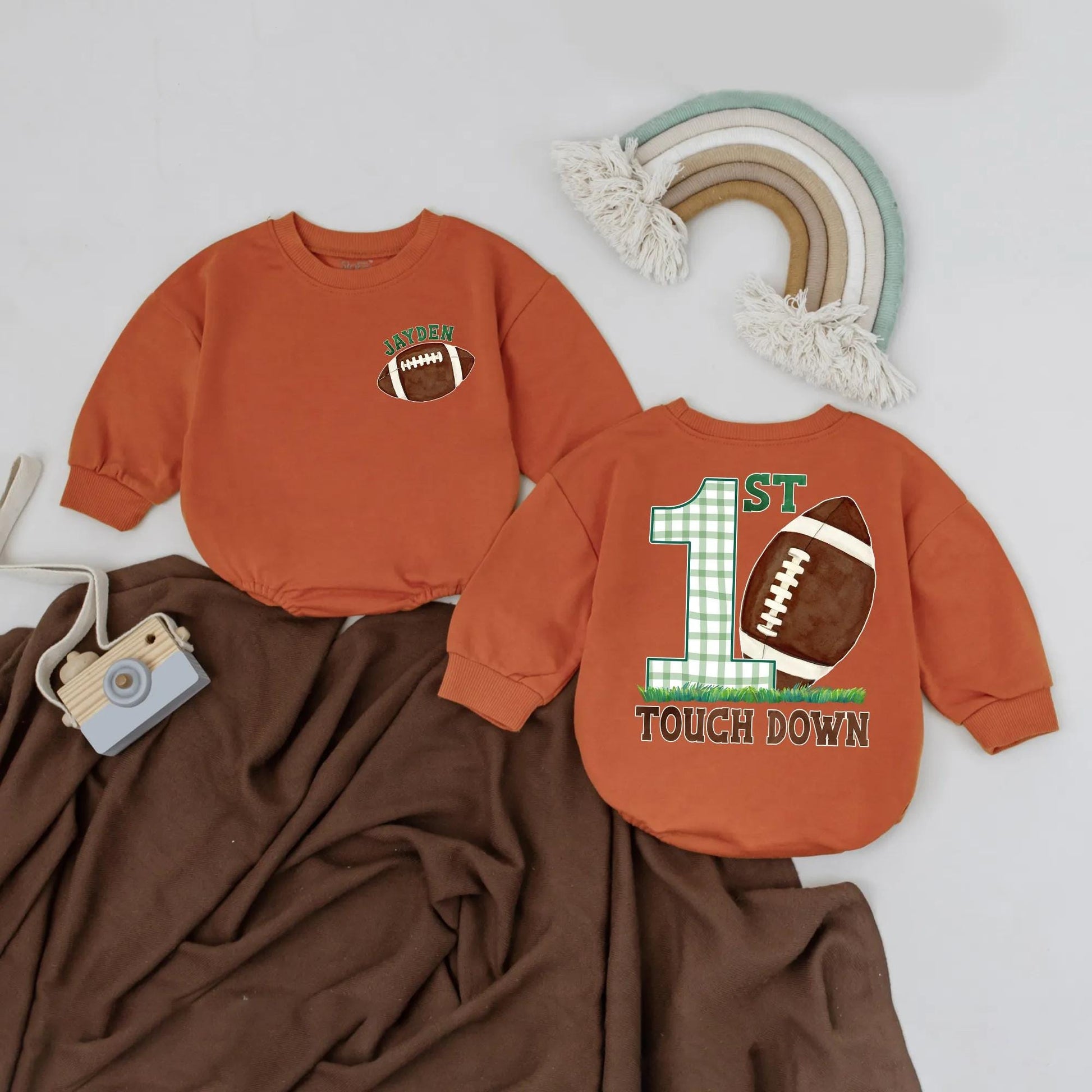 Personalized 1st Birthday Football Romper: Touchdown Outfit for Baby Boy or Girl, Custom Name Sport Bodysuit, First Game Day Party Clothes, Brown & Green