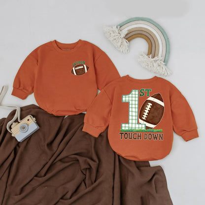 Personalized 1st Birthday Football Romper: Touchdown Outfit for Baby Boy or Girl, Custom Name Sport Bodysuit, First Game Day Party Clothes, Brown & Green